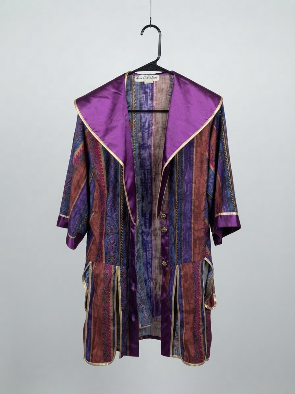 Vintage-Inspired Purple Multi-Stripe Kimono Coat